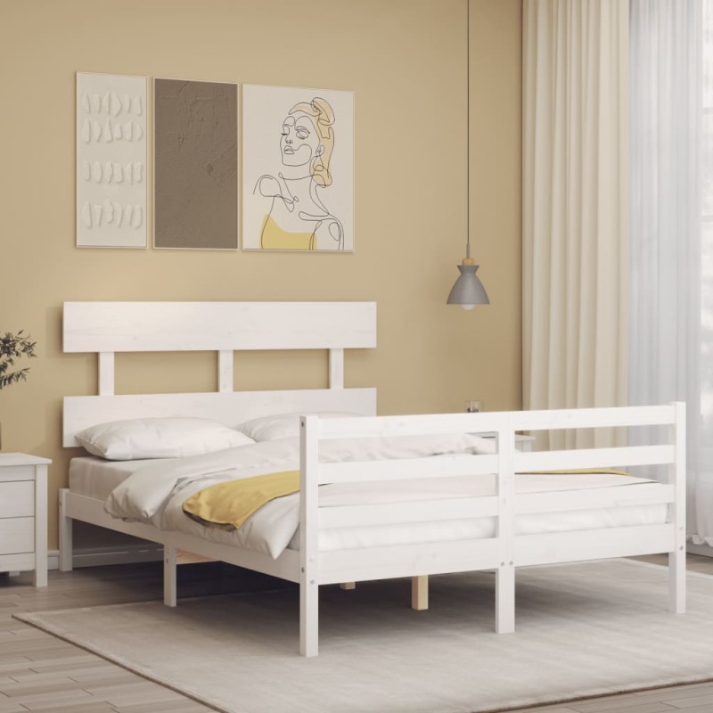 vidaXL Estructura de cama con cabecero madera maciza blanco 140x190 cm vidaXL Estructura de cama con cabecero madera maciza blanco 140x190 cm