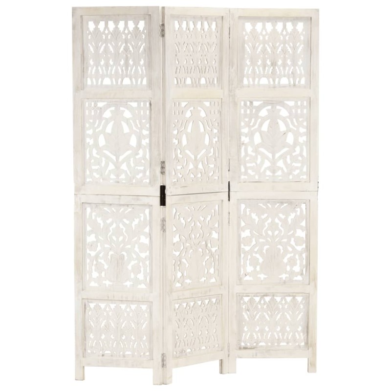 vidaXL Biombo 3 paneles tallado a mano madera mango blanco 120x165 cm vidaXL Biombo 3 paneles tallado a mano madera mango blanco 120x165 cm
