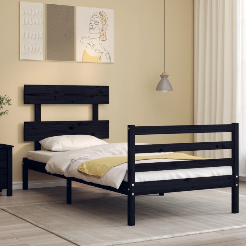 vidaXL Estructura de cama con cabecero madera maciza negro 100x200 cm vidaXL Estructura de cama con cabecero madera maciza negro 100x200 cm