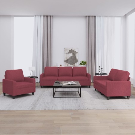 vidaXL Juego de sofás con cojines 3 piezas tela rojo tinto