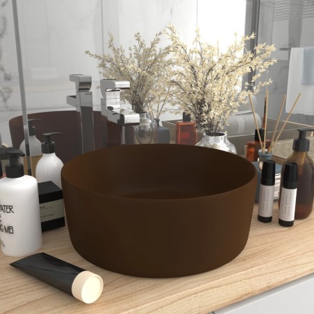 vidaXL Lavabo de lujo redondo cerámica marrón oscuro mate 40x15 cm 