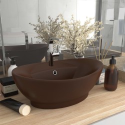 vidaXL Lavabo lujoso ovalado rebosadero cerámica marrón oscuro mate