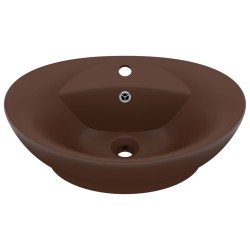 vidaXL Lavabo lujoso ovalado rebosadero cerámica marrón oscuro mate