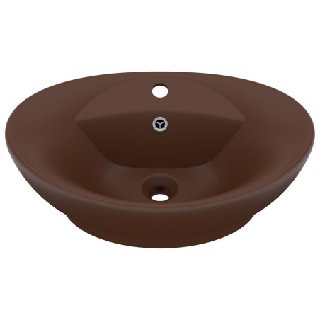 vidaXL Lavabo lujoso ovalado rebosadero cerámica marrón oscuro mate