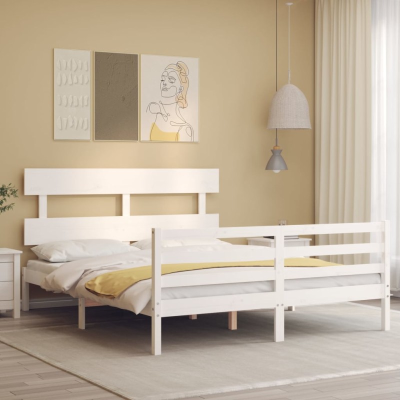 vidaXL Estructura de cama con cabecero madera maciza blanco 160x200 cm vidaXL Estructura de cama con cabecero madera maciza blanco 160x200 cm