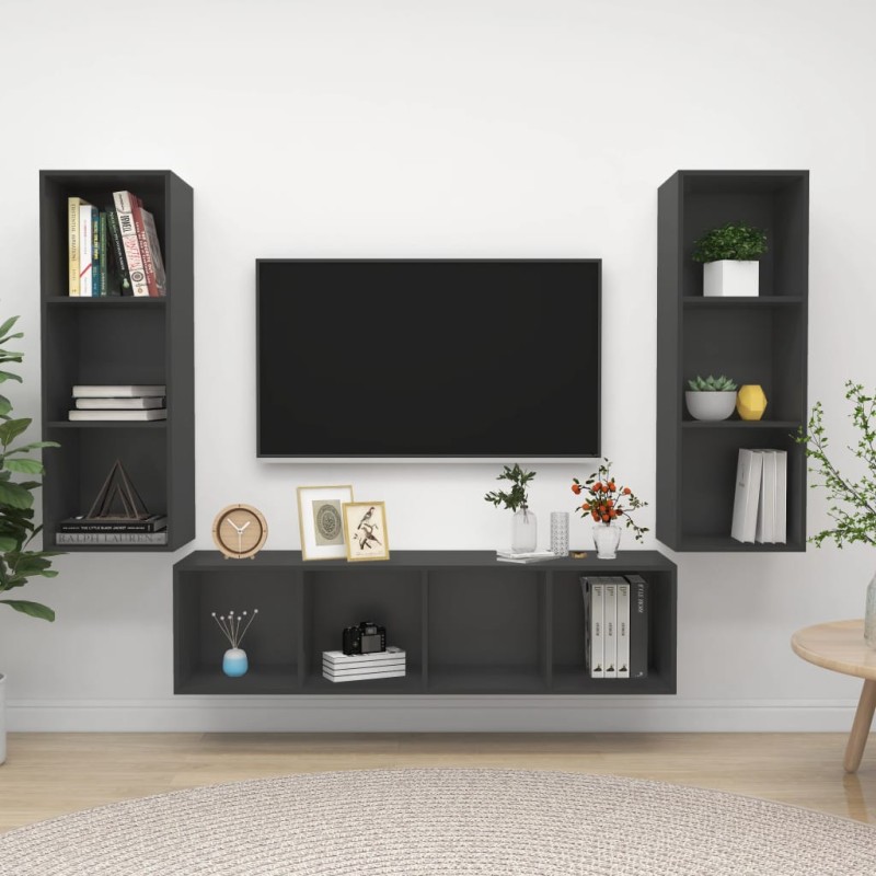vidaXL Juego de muebles de salón 3 piezas madera de ingeniería gris vidaXL Juego de muebles de salón 3 piezas madera de ingeniería gris