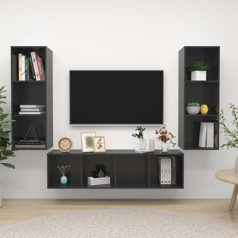 vidaXL Muebles de salón 3 piezas madera de ingeniería gris con brillo vidaXL Muebles de salón 3 piezas madera de ingeniería gris con brillo