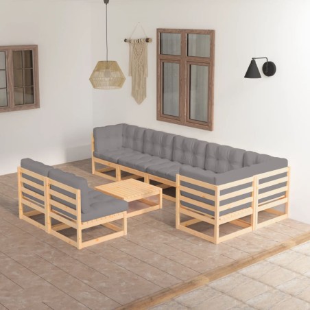 vidaXL Juego de muebles de jardín 9 pzas y cojines madera maciza pino
