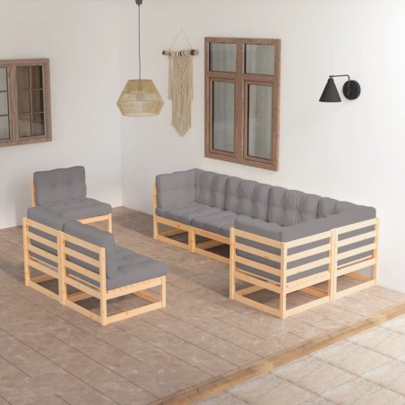 vidaXL Muebles de jardín 8 pzas y cojines madera maciza pino