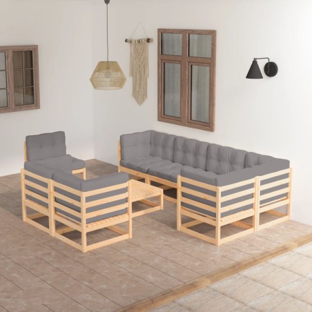 vidaXL Juego de muebles de jardín 9 pzas y cojines madera maciza pino