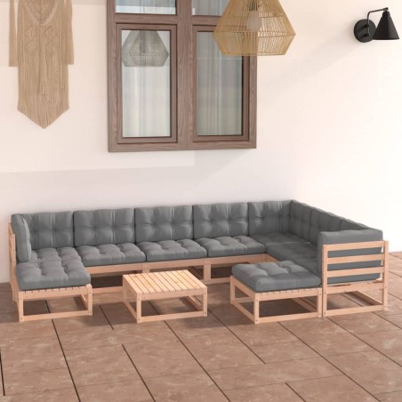 vidaXL Juego de muebles de jardín 10 pzas y cojines madera maciza pino