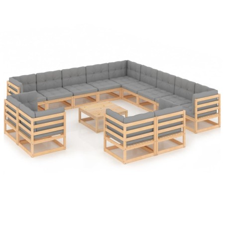 vidaXL Juego de muebles de jardín 14 pzas y cojines madera maciza pino