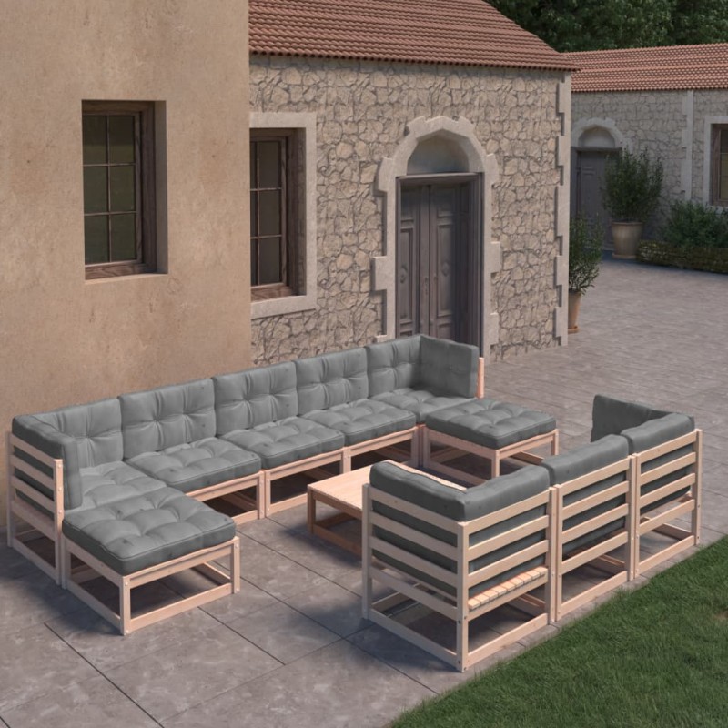 vidaXL Juego de muebles de jardín 11 pzas y cojines madera maciza pino