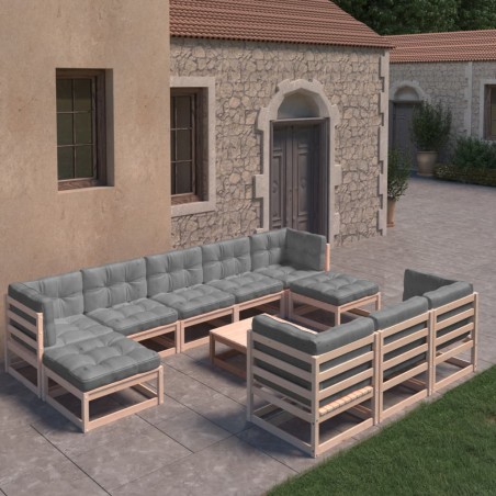 vidaXL Juego de muebles de jardín 11 pzas y cojines madera maciza pino