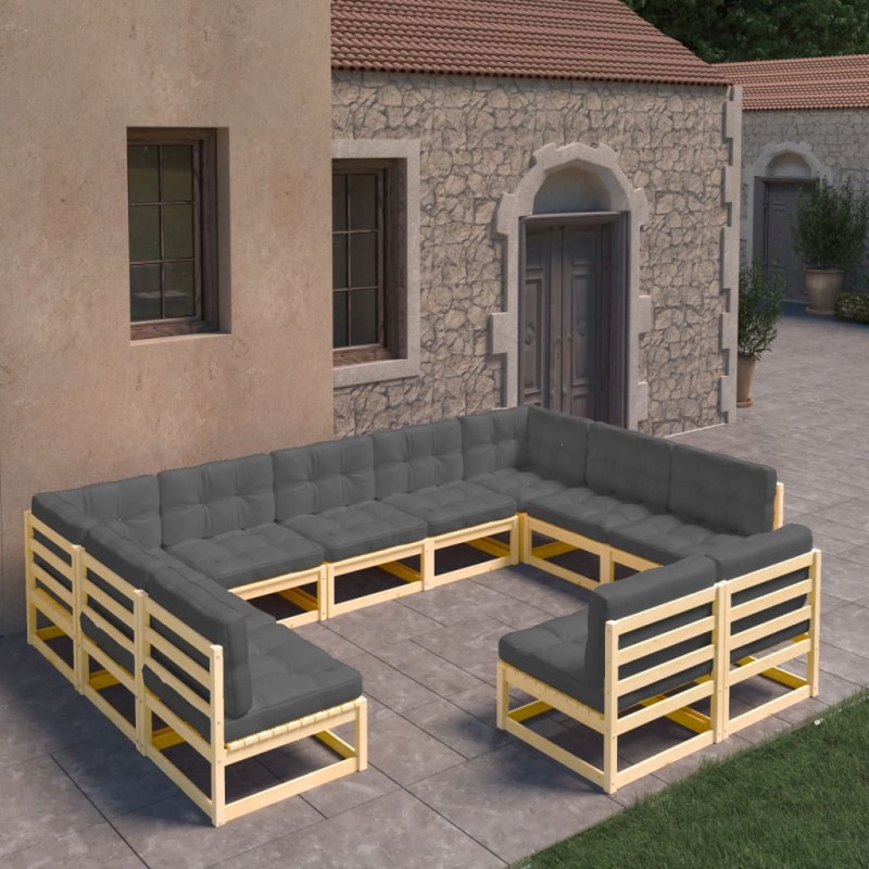 vidaXL Juego de muebles de jardín 11 pzas y cojines madera maciza pino vidaXL Juego de muebles de jardín 11 pzas y cojines madera maciza pino