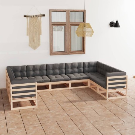 vidaXL Juego de muebles de jardín 9 pzas y cojines madera maciza pino