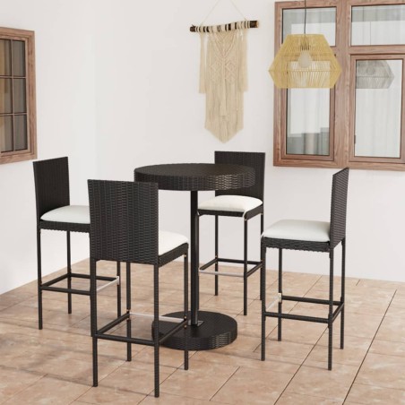 vidaXL Set de bar para jardín 5 pzas y cojines ratán sintético negro