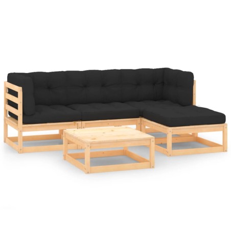 vidaXL Juego de muebles de jardín 5 pzas y cojines madera maciza pino