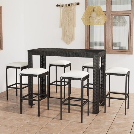 vidaXL Set de bar para jardín 7 piezas y cojines ratán sintético negro