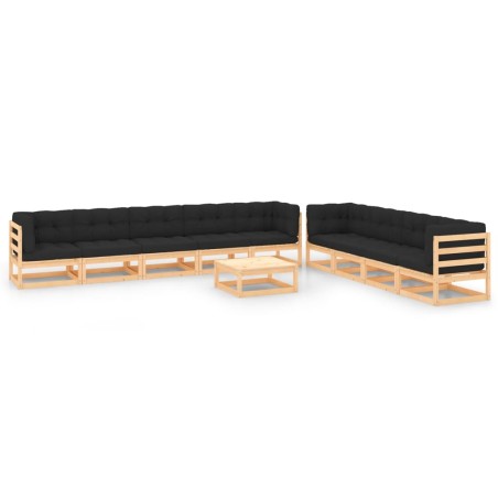 vidaXL Muebles de jardín 10 pzas cojines antracita madera maciza pino