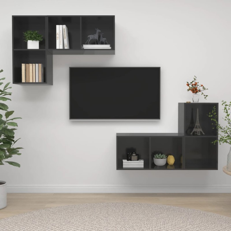 vidaXL Muebles de salón de pared 4 pzas madera ingeniería gris brillo vidaXL Muebles de salón de pared 4 pzas madera ingeniería gris brillo
