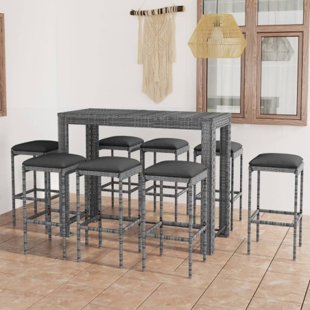vidaXL Muebles de bar para jardín 9 pzas cojines ratán sintético gris