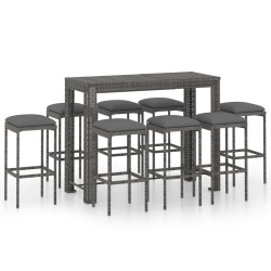 vidaXL Muebles de bar para jardín 9 pzas cojines ratán sintético gris