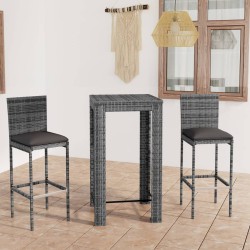 vidaXL Set muebles bar jardín 3 piezas y cojines ratán sintético gris
