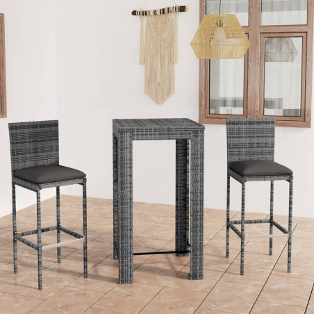 vidaXL Set muebles bar jardín 3 piezas y cojines ratán sintético gris