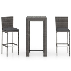 vidaXL Set muebles bar jardín 3 piezas y cojines ratán sintético gris