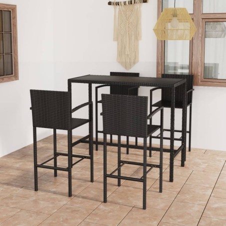 vidaXL Mesa y taburetes altos jardín y cojines 5 pzas ratán PE negro