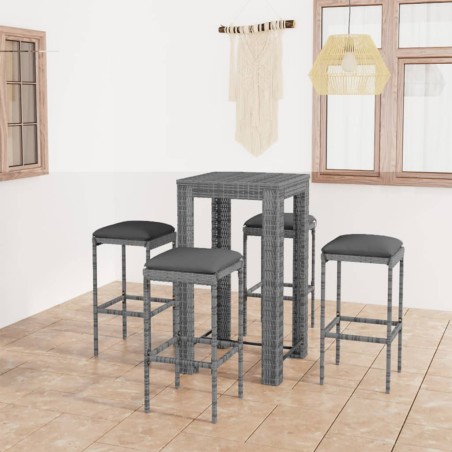 vidaXL Set muebles bar jardín 5 piezas y cojines ratán sintético gris