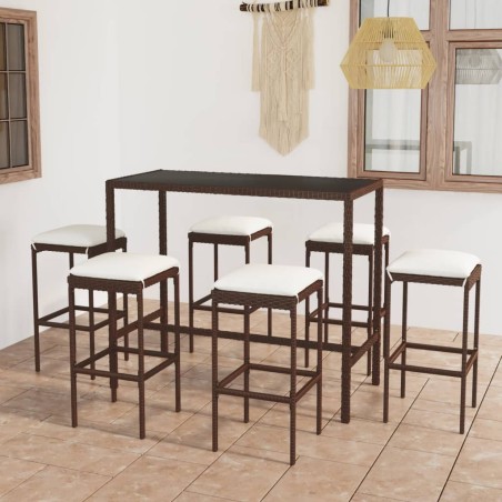 vidaXL Set de bar para jardín 7 pzas y cojines ratán sintético marrón
