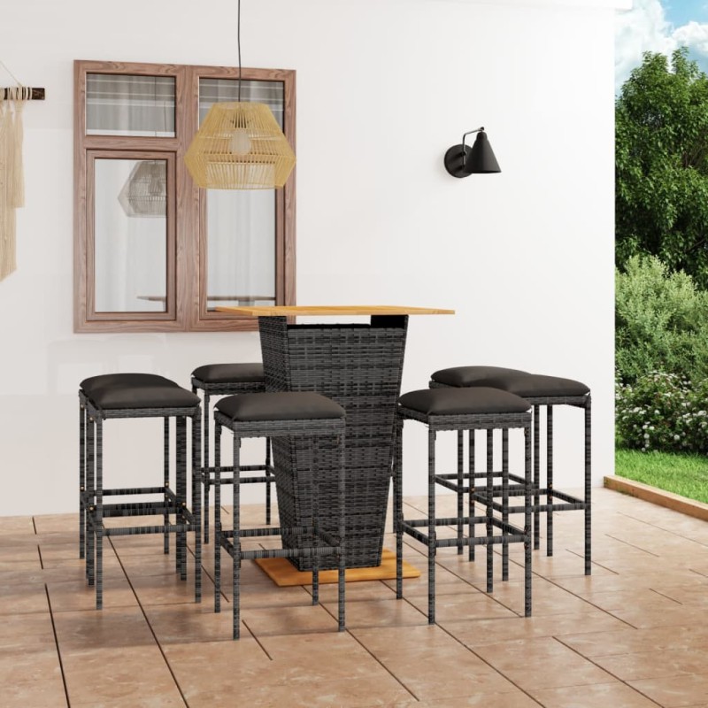 vidaXL Set de muebles de bar de jardín 9 pzas y cojines ratán PE gris