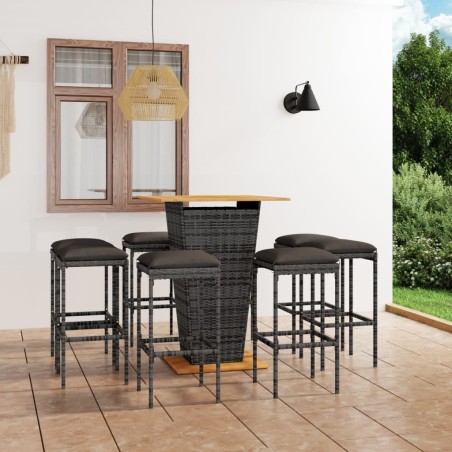 vidaXL Set de muebles de bar de jardín 9 pzas y cojines ratán PE gris