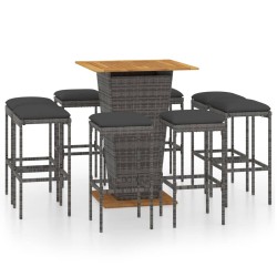 vidaXL Set de muebles de bar de jardín 9 pzas y cojines ratán PE gris