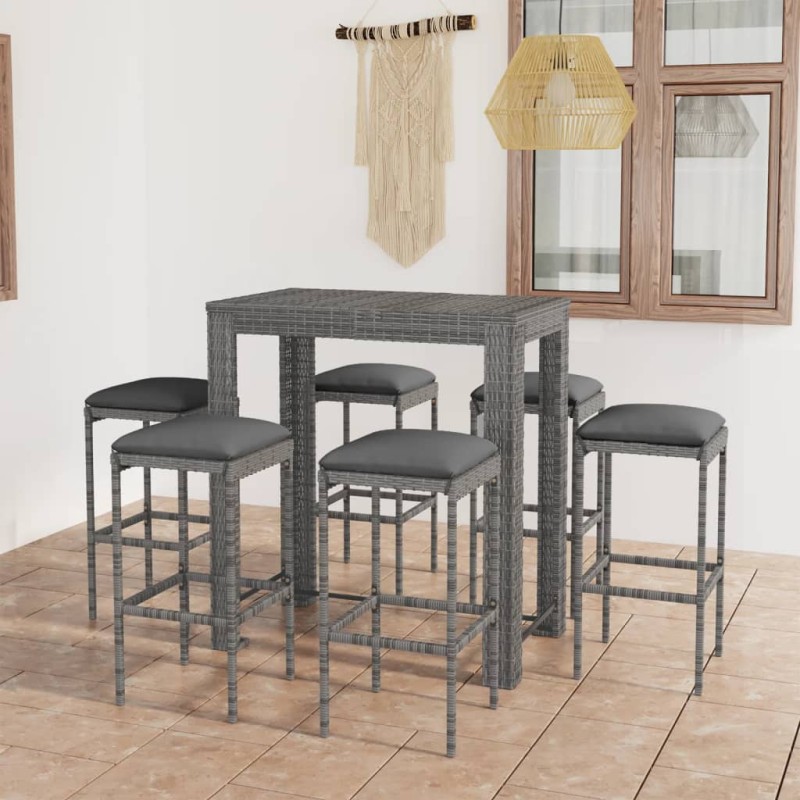 vidaXL Set muebles bar jardín 7 piezas y cojines ratán sintético gris vidaXL Set muebles bar jardín 7 piezas y cojines ratán sintético gris