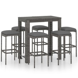 vidaXL Set muebles bar jardín 7 piezas y cojines ratán sintético gris