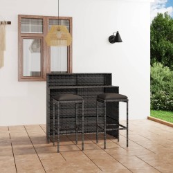vidaXL Juego muebles de bar para jardín 3 piezas y cojines gris