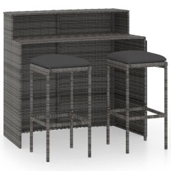 vidaXL Juego muebles de bar para jardín 3 piezas y cojines gris