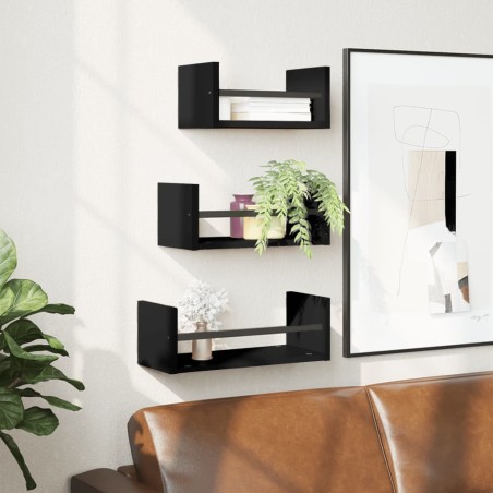 vidaXL Estantes de pared con barras 3 pzas madera de ingeniería negro