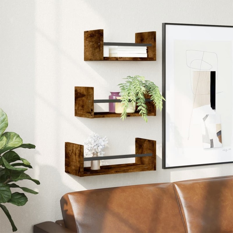 vidaXL Estantes pared con barras 3 pzas madera ingeniería roble humo