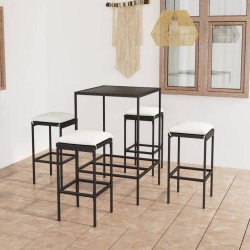 vidaXL Mesa y taburetes altos jardín y cojines 5 pzas ratán PE negro