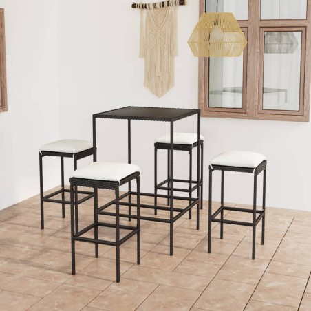 vidaXL Mesa y taburetes altos jardín y cojines 5 pzas ratán PE negro