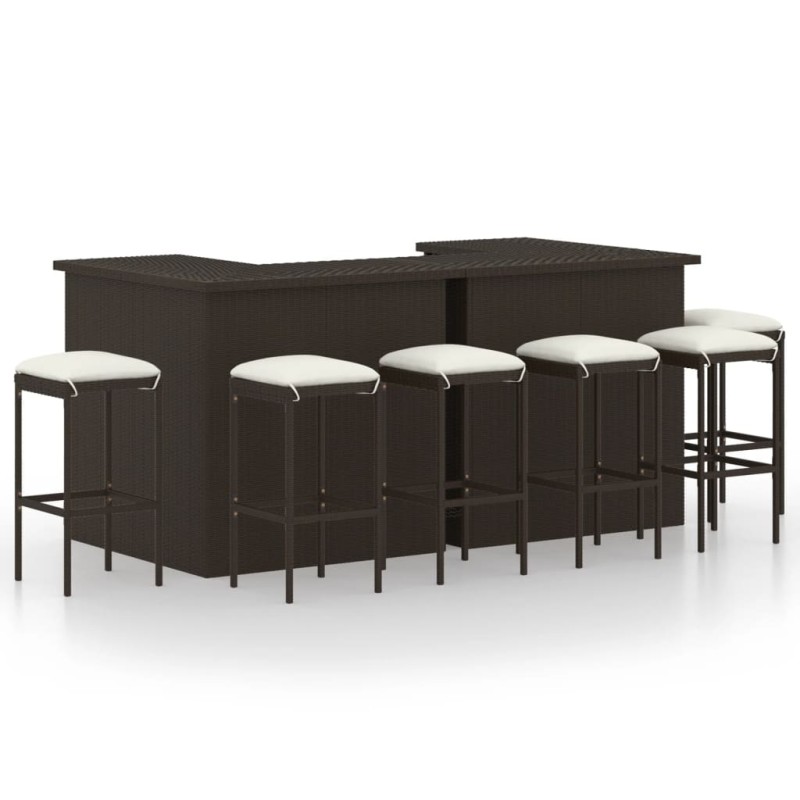 vidaXL Set de bar para jardín 8 pzas y cojines ratán sintético marrón vidaXL Set de bar para jardín 8 pzas y cojines ratán sintético marrón