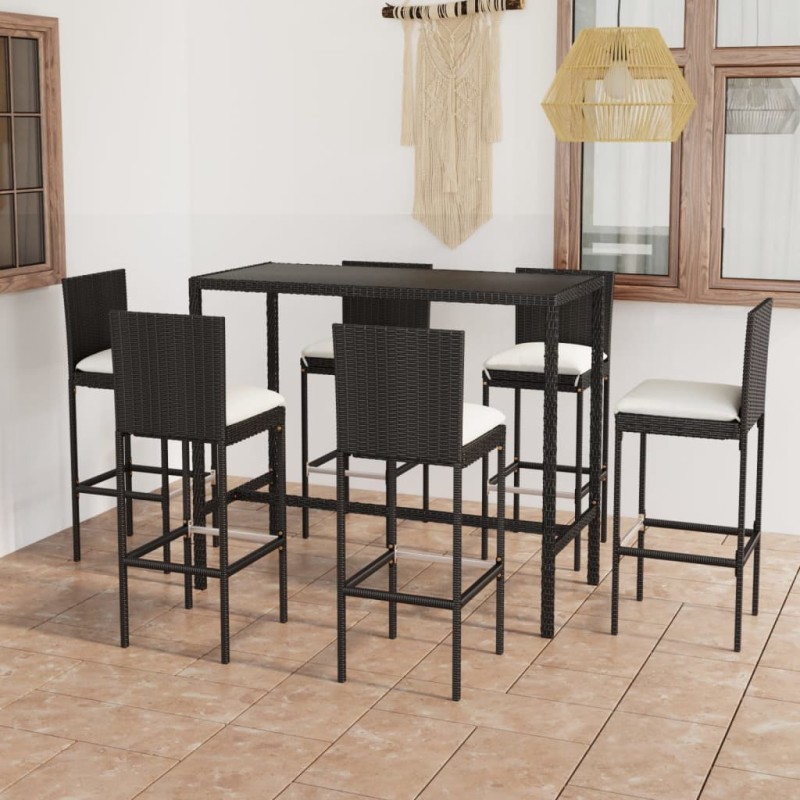 vidaXL Mesa y taburetes altos jardín y cojines 7 pzas ratán PE negro vidaXL Mesa y taburetes altos jardín y cojines 7 pzas ratán PE negro