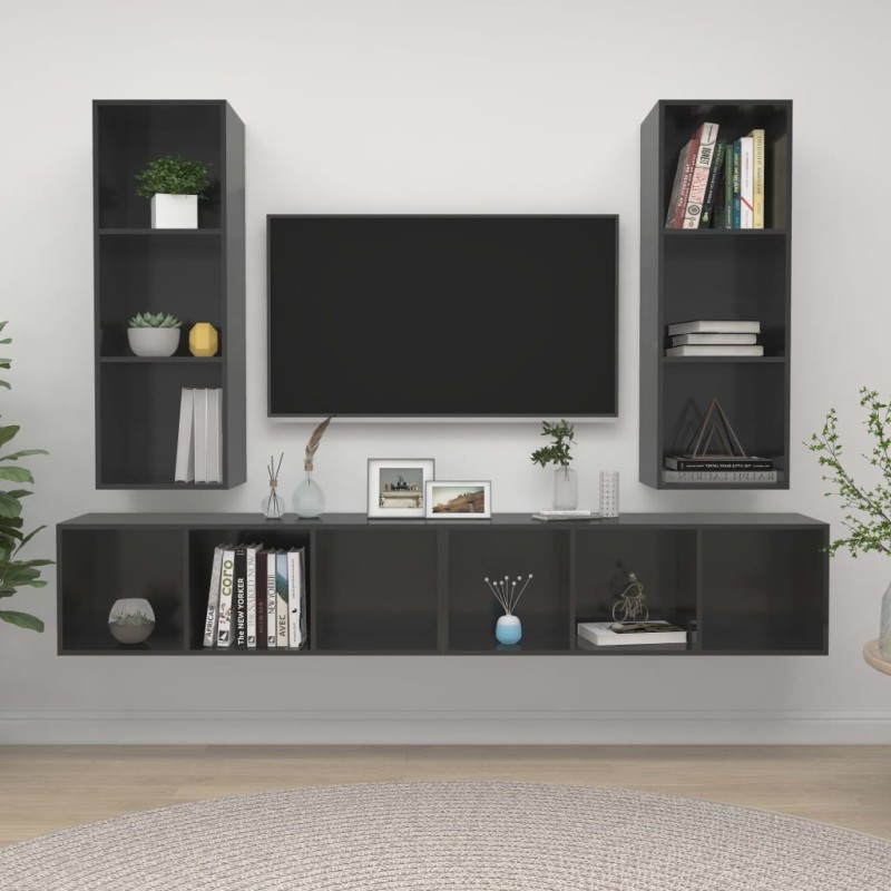 vidaXL Muebles de salón de pared 4 pzas madera ingeniería gris brillo