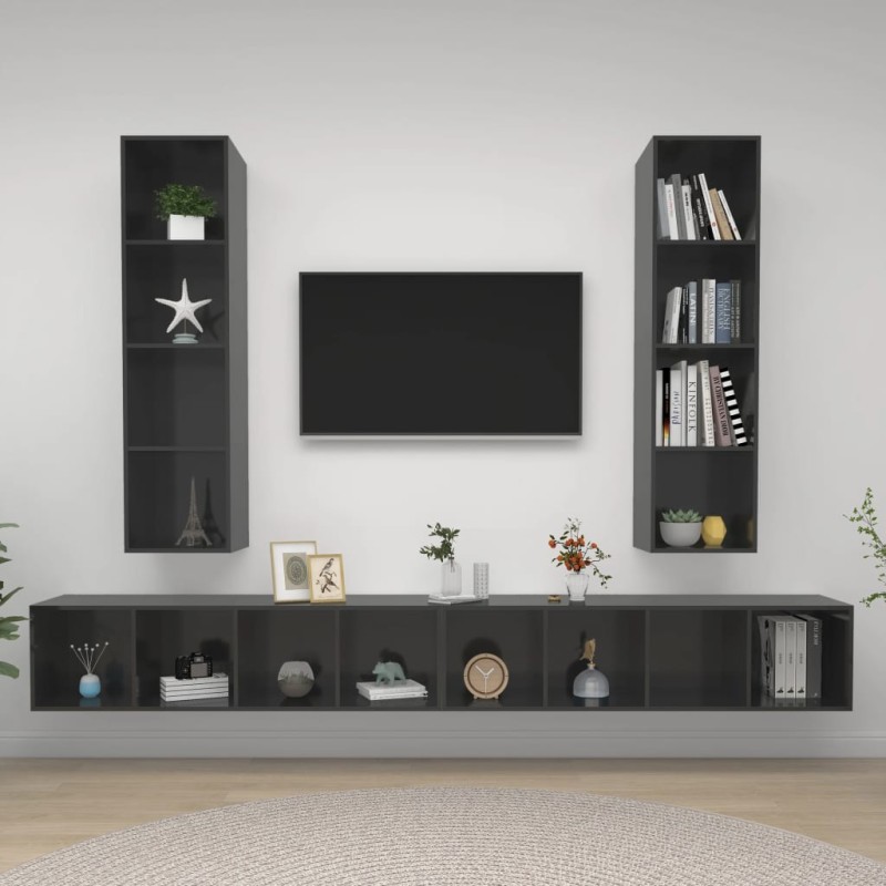 vidaXL Muebles de salón de pared 4 pzas madera ingeniería gris brillo vidaXL Muebles de salón de pared 4 pzas madera ingeniería gris brillo