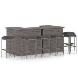 vidaXL Set de bar para jardín 8 piezas y cojines ratán sintético gris