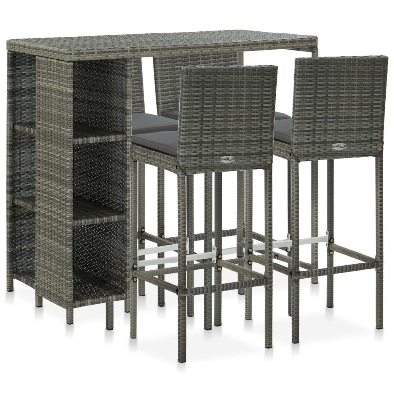 vidaXL Set de bar para jardín 5 piezas y cojines ratán sintético gris vidaXL Set de bar para jardín 5 piezas y cojines ratán sintético gris